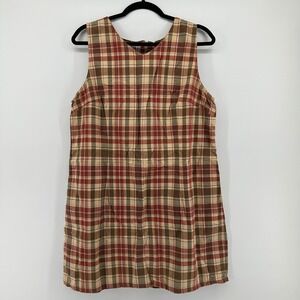 Faded Glory Tartan Plaid Shift Dress Red Brown Cotton Zip XL 90s Retro Picnic